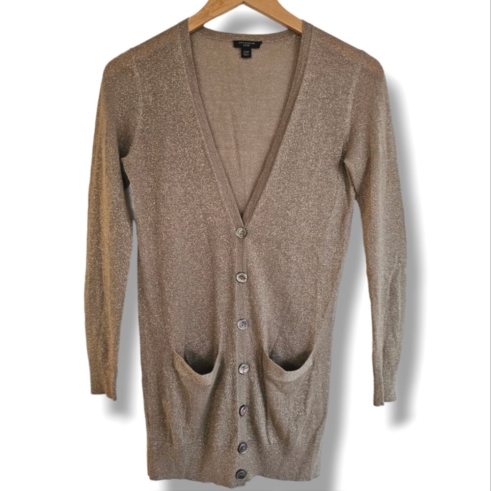 Ann Taylor Cardigan Sweater Size XSP Metallic Lightweight Pockets Gold New Years